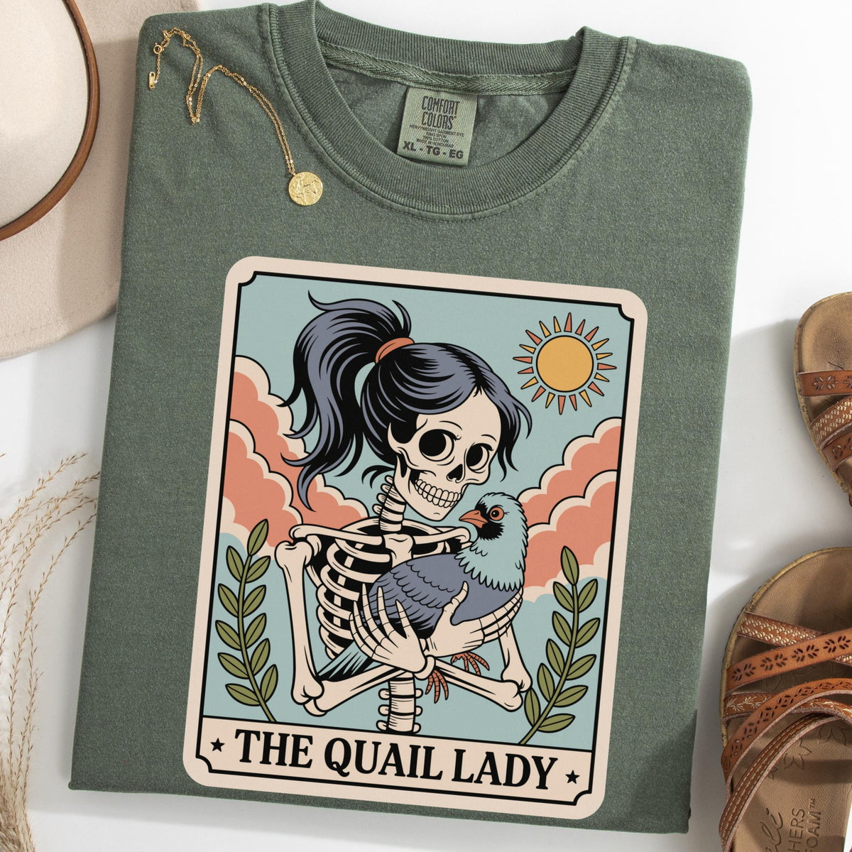 Quail Lady Skeleton Holding Quail Tee Bird Mom Quail Lover Halloween Bird Spooky Quail Owner Tee (1)