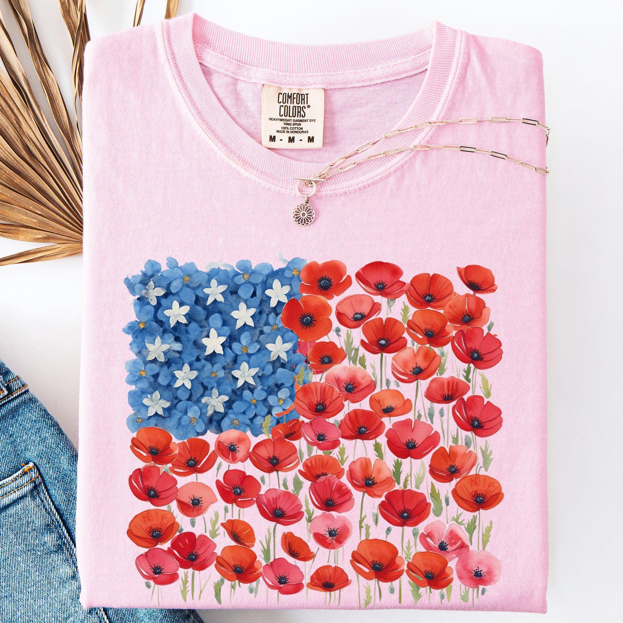 Floral Flag Usa Patriotic America 4th July Comfort Colors (1)