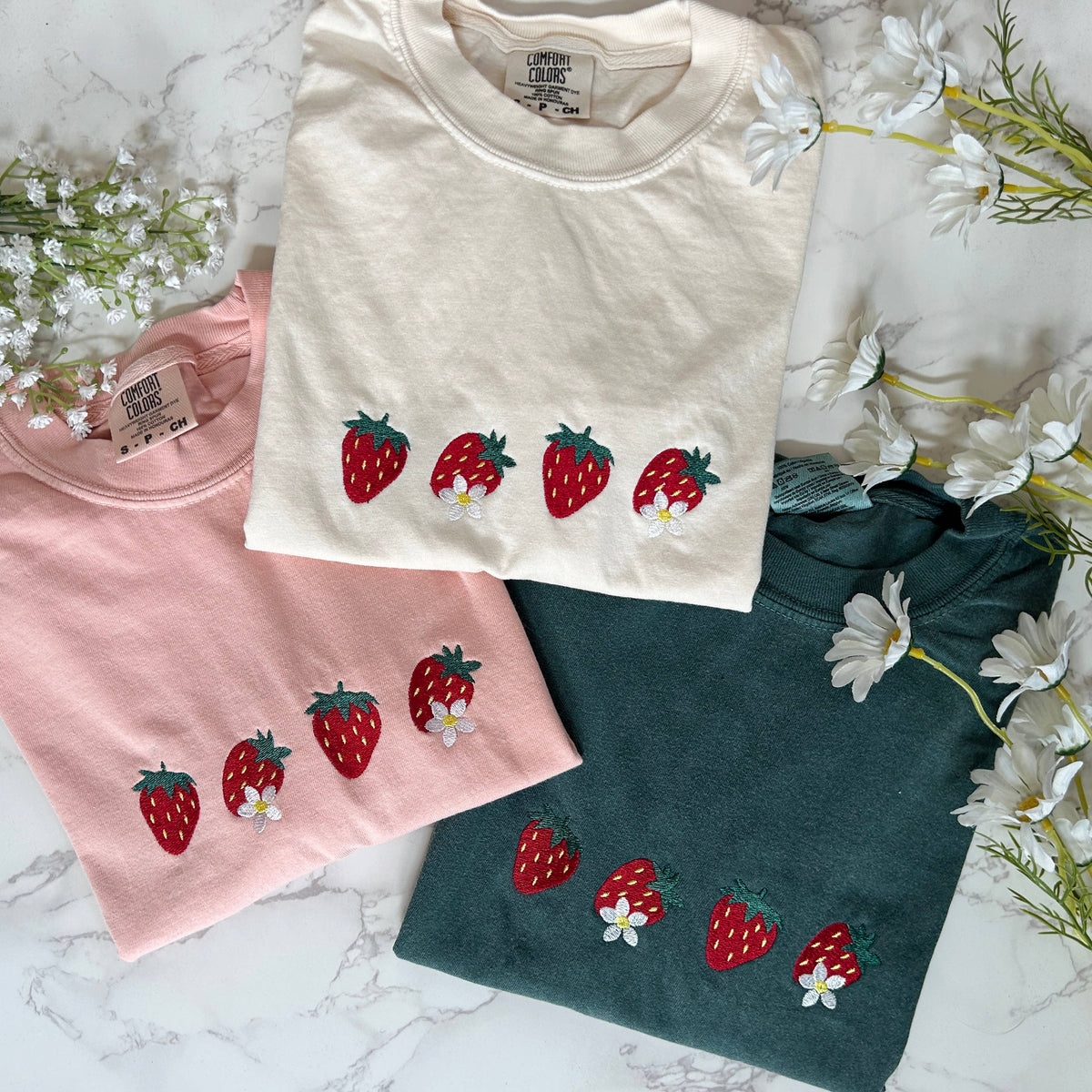 Embroidered Strawberry Tshirt, Spring Floral Strawberry