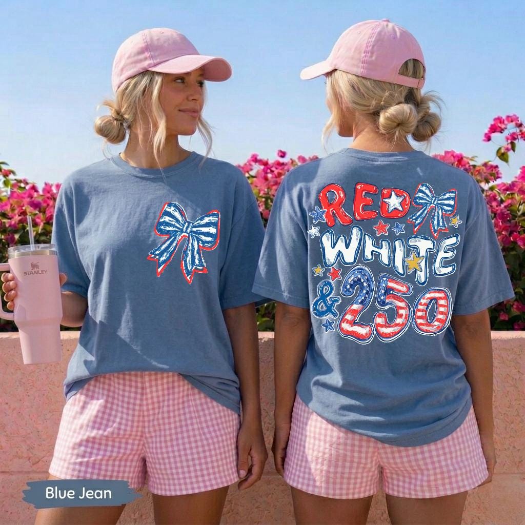 Comfort Colors Red White Blue 250th Anniversary Front Back Side 4th July Preppy Patriotic Tee Flag (2)
