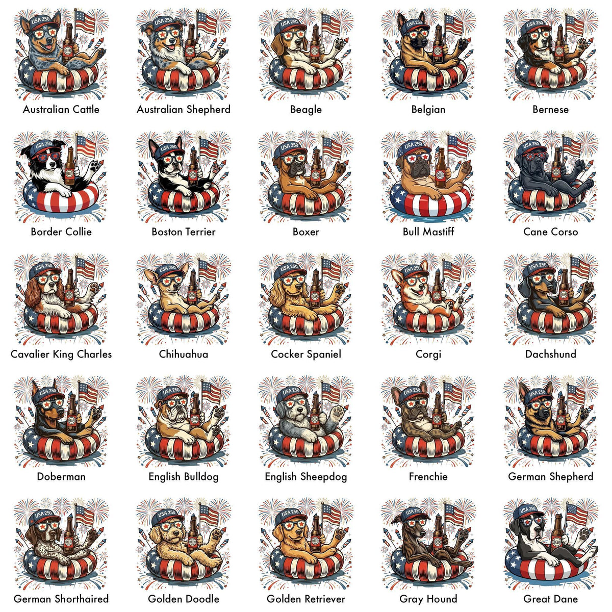Patriotic Dogs 4th July Dog Comfort Colors 50 Dog Breeds Custom Available Usa Flag Fireworks America 250 (2)