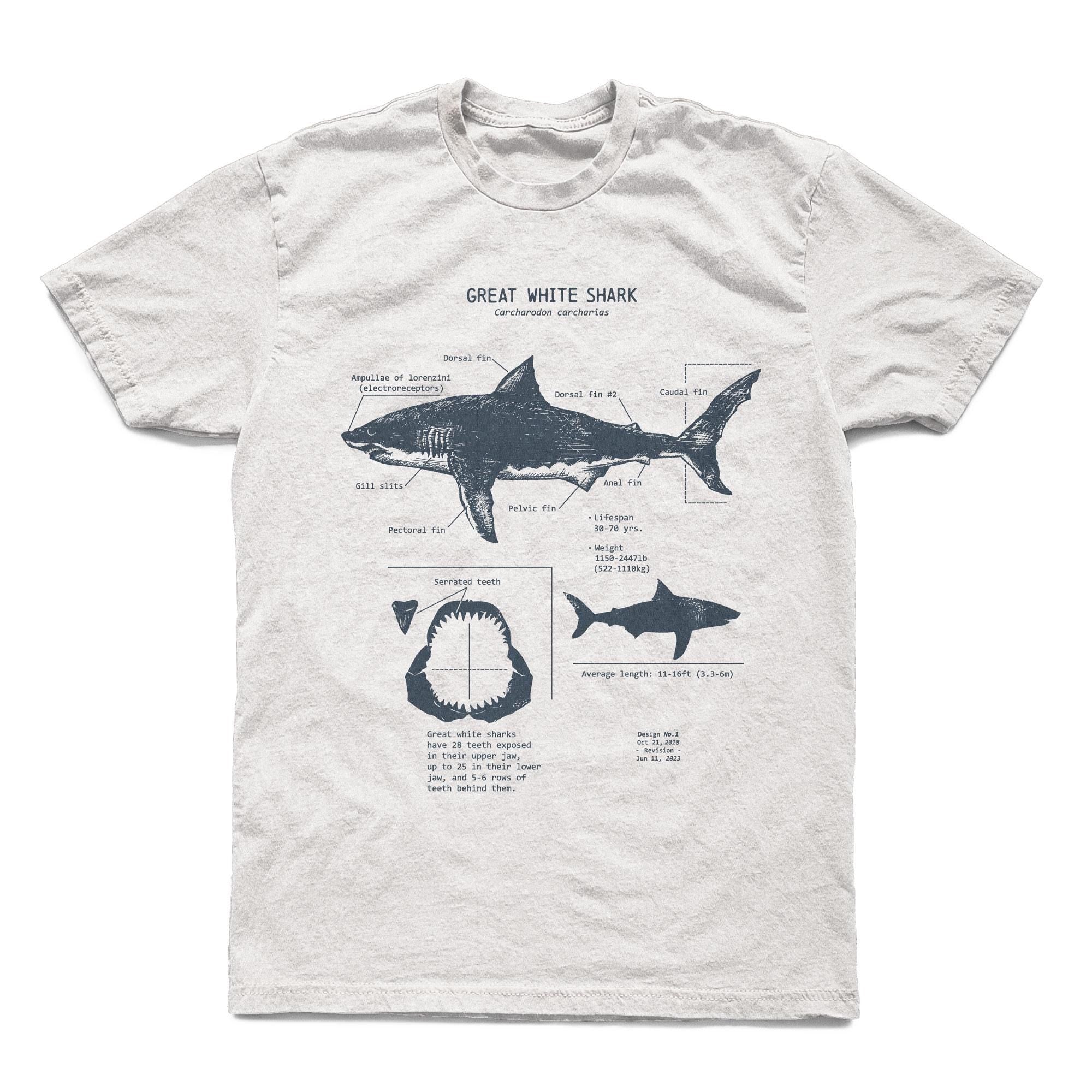 White Shark Anatomy Hand-Drawn Biology Diagram Screen Printed Ringspun (2)