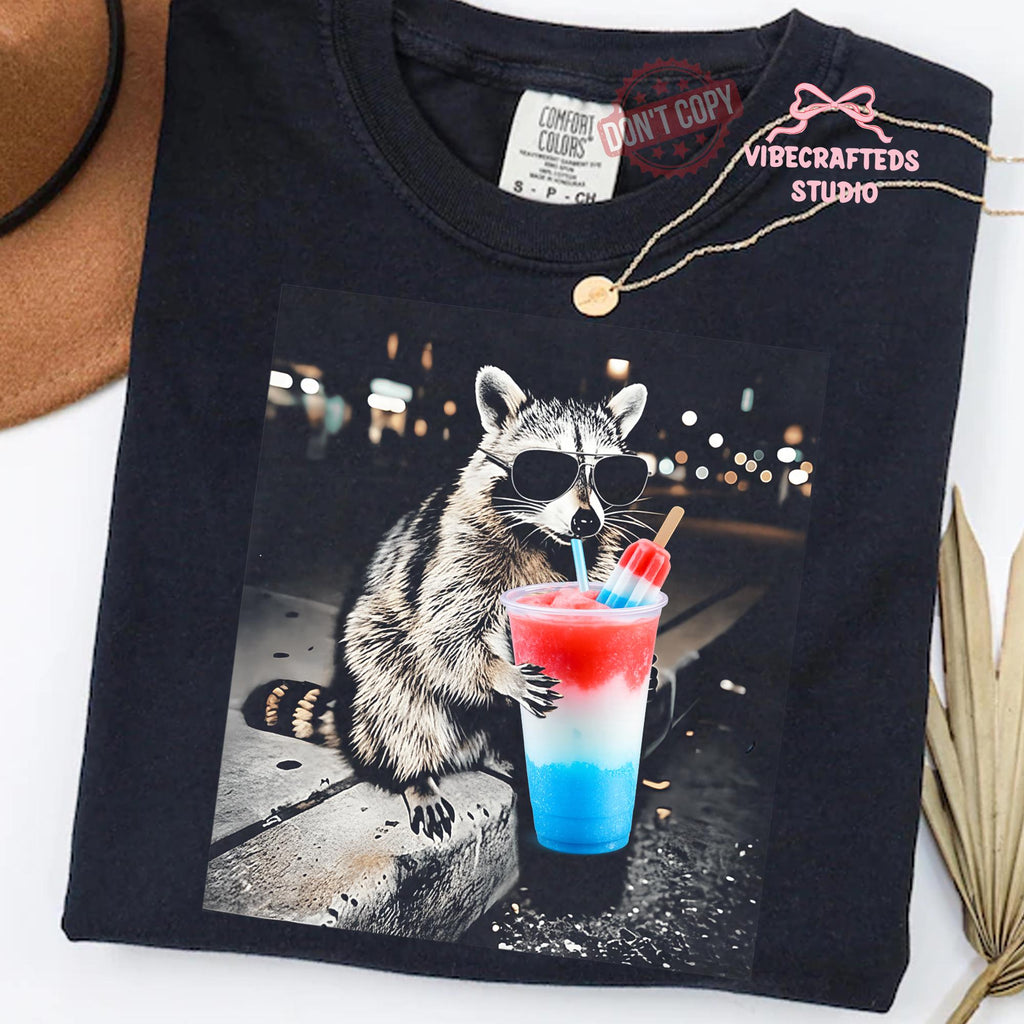 4th July Raccoon Drinking Patriotic Slushie Comfort Colors American Meme Tee Red White Blue Popsicle Drink (2)