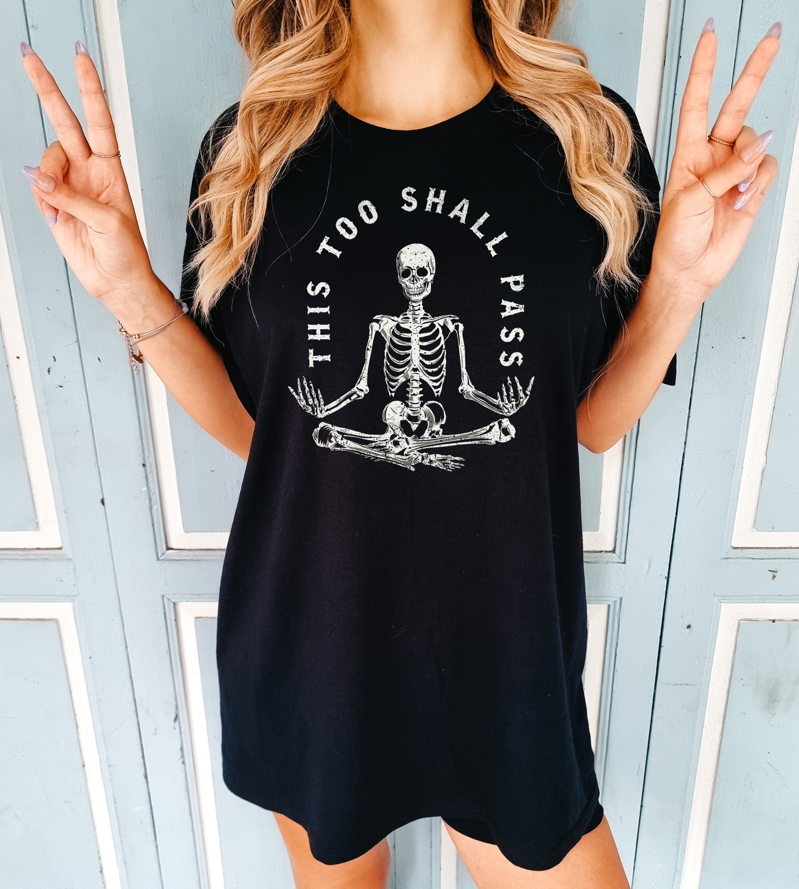 Meditating Skeleton Too Shall Pass Gothic Mental Health Quote Tee Spiritual Friend (2)