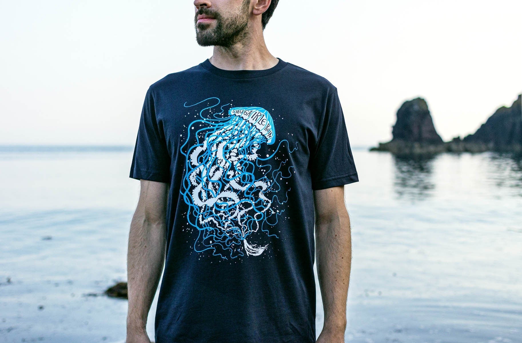 Smugairle Organic Earth Positive Tee Irish Word Jellyfish Seal Spit Dark Navy Blue (2)