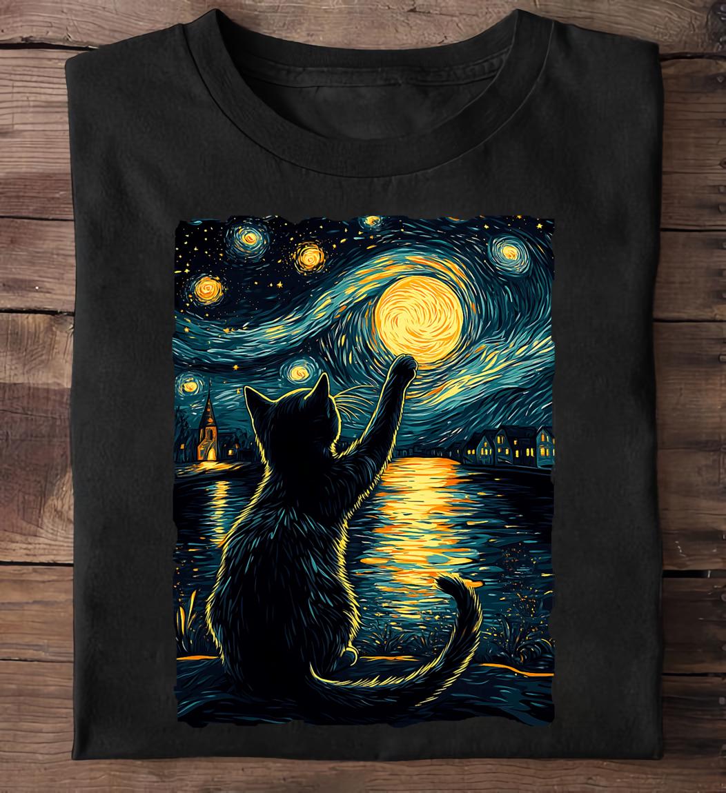 Starry Night Cat Vincent Van Gogh Black Cat Lover Unisex T-shirt, Sweatshirt, Hoodie (2)