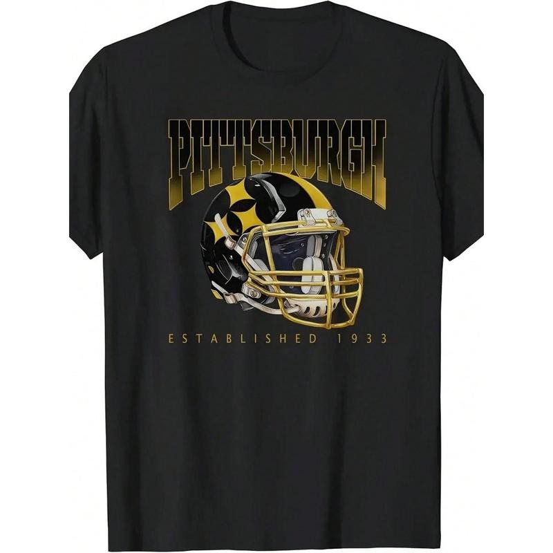 1 Piece, 100% Cotton, Pittsburgh T-Shirt, Black Gold Football Helmet Pattern Printed T-Shirt, Seasonal Casual Men's T-Shirt, Round Neck Cotton Short Sleeve T-Shirt, Sports Outdoor T-Shirt, Christmas Thanksgiving Gift, Affilante.