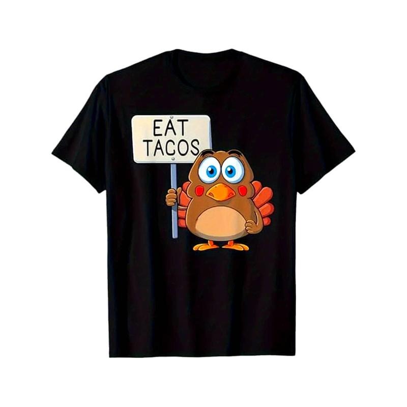 1 Piece, 100% Cotton, Thanksgiving Turkey Eats Mexican Chicken Tacos Printed T-Shirt, Seasonal Casual And  Men'S T-Shirt, Round Neck High Street Pure Cotton Short-Sleeved T-Shirt, Fashion Boutique T-Shirt, Christmas Gift Menswear Top