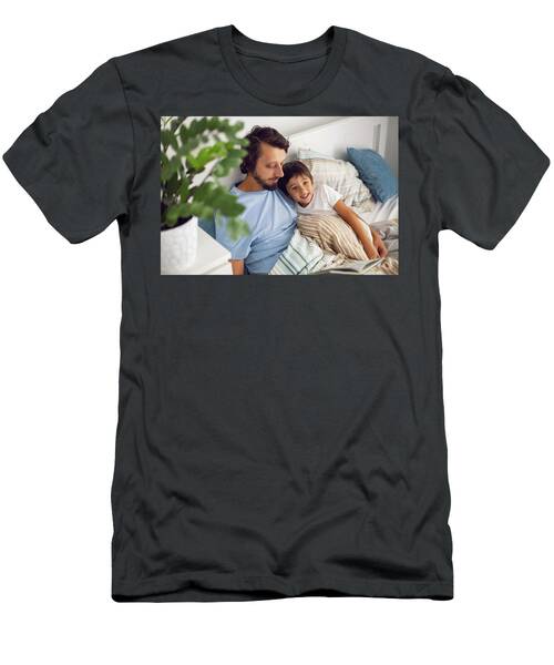 Dad Reads A Book Lying In White Bed To His Son Child Before Going To Bed #10 T-Shirt