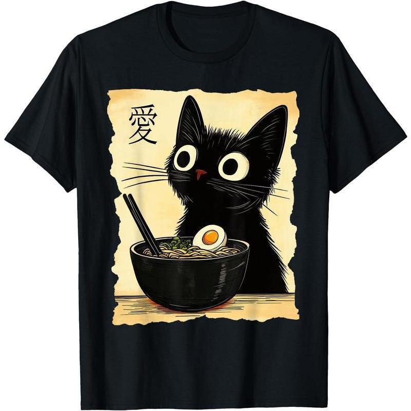 [100% Cotton] Trendy Graphic Funny T-Shirt - Funny Cat Ramen Graphic Tee Japanese Kawaii Anime Cat T-Shirt -  Men Women Loose Sports T-Shirt Golf Gift T-Shirt For Men And Women