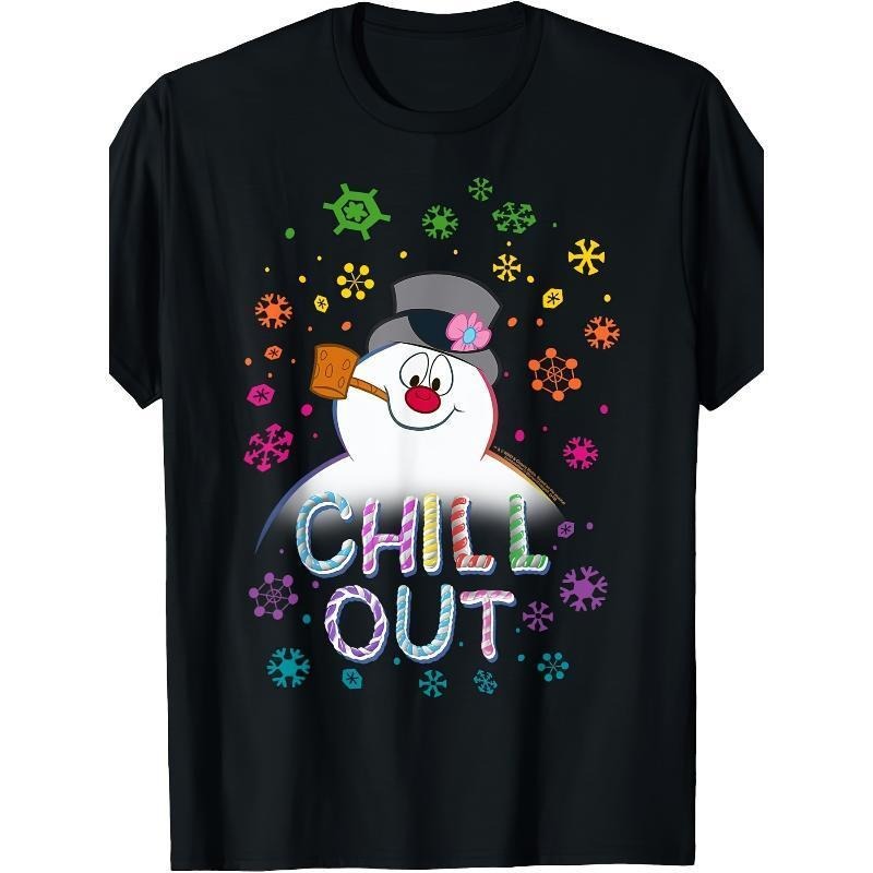 [100% Cotton] Women'S Black Frosty The Snowman Chill Out Portrait T-Shirt - Vintage Snowman Graphic With 'CHILL OUT' Text - Soft Breathable Summer Tee - Machine Washable Casual Top For Christmas Parties & Everyday Winte Golf Gift T-Shirt For Men And Women