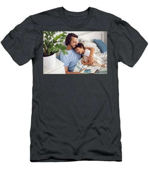 Dad Reads A Book Lying In White Bed To His Son Child Before Going To Bed #12 T-Shirt