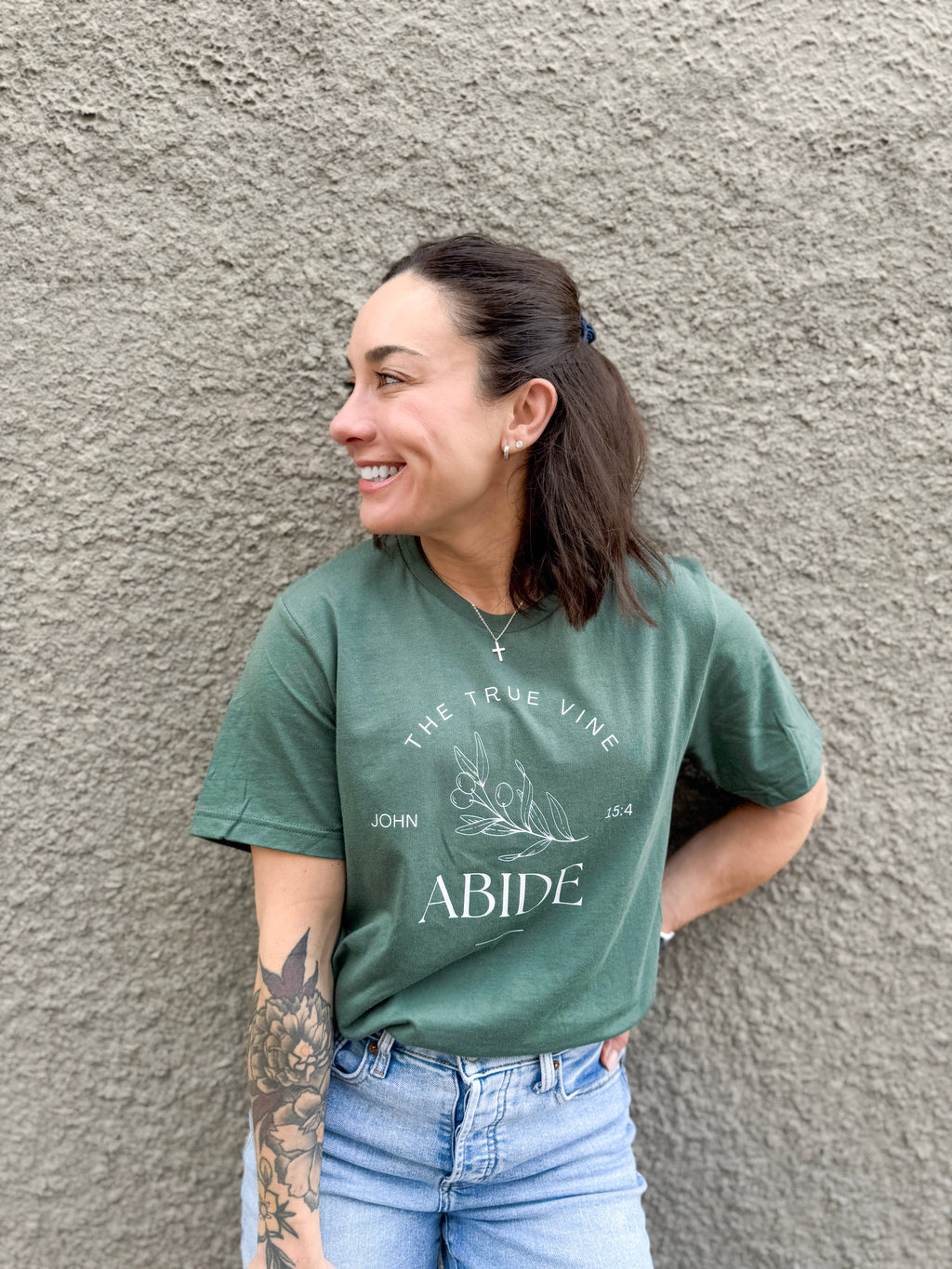 Abide Olive Branch Vine Women's Christian Graphic T-Shirt