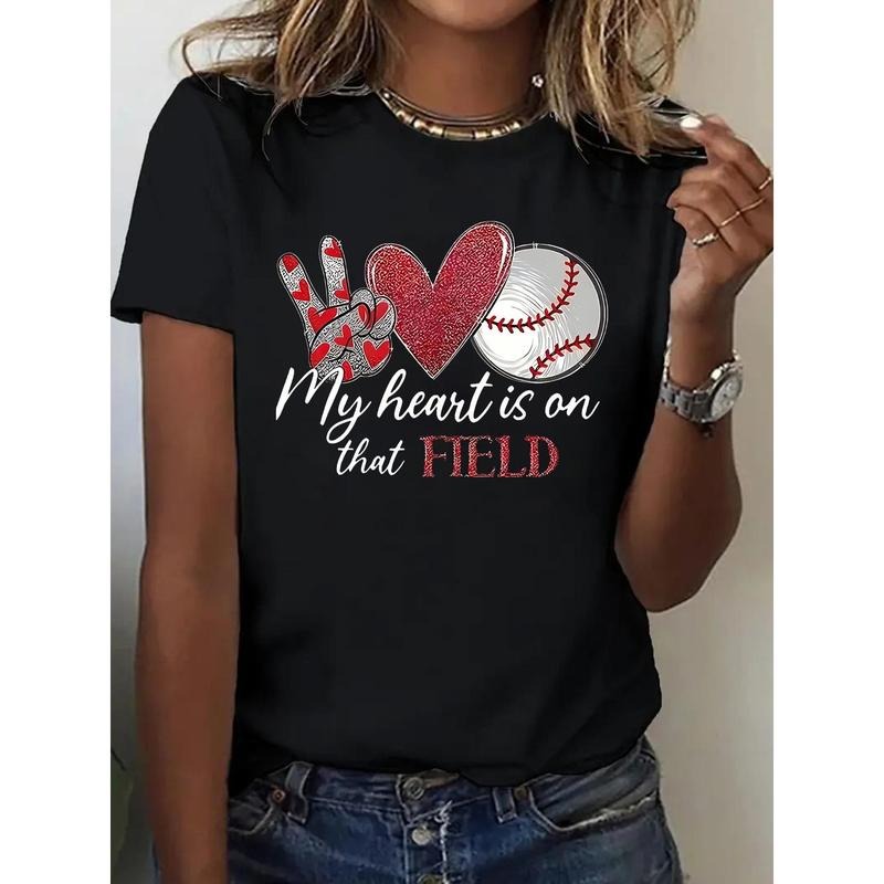 1pc, 100% Pure, Baseball Pattern Printed T-Shirt, Seasonal Casual Women'S T-Shirt, Round Neck Pure Short Sleeved T-Shirt, Outdoor Sports, Holiday Gift