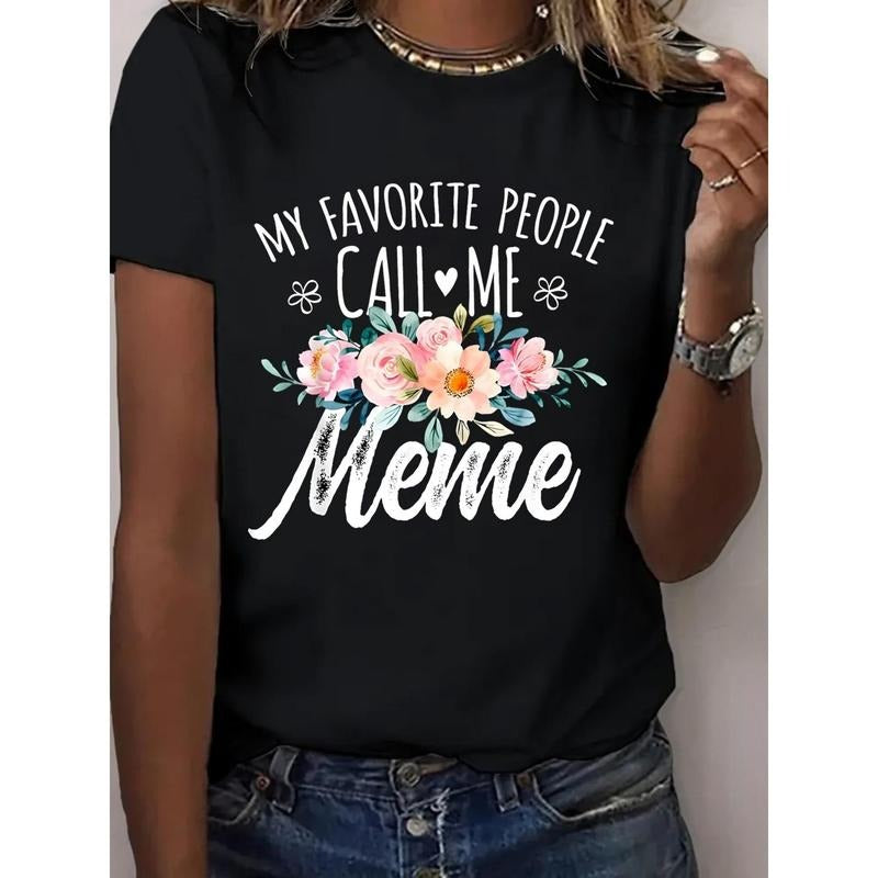 1pc, 100% Pure, Floral Letter Pattern Printed T-Shirt, Seasonal Casual Women'S T-Shirt, Round Neck Pure Short Sleeved T-Shirt, Outdoor Sports, Holiday Gift