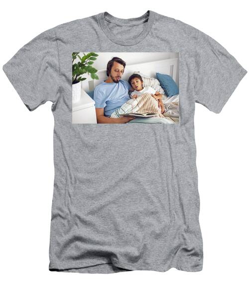Dad Reads A Book Lying In White Bed To His Son Child Before Going To Bed #2 T-Shirt