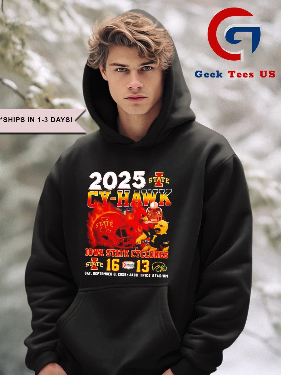 2025 Cy-Hawk Iowa State Cyclones 16 Iowa Hawkeyes 13 mascot helmet shirt