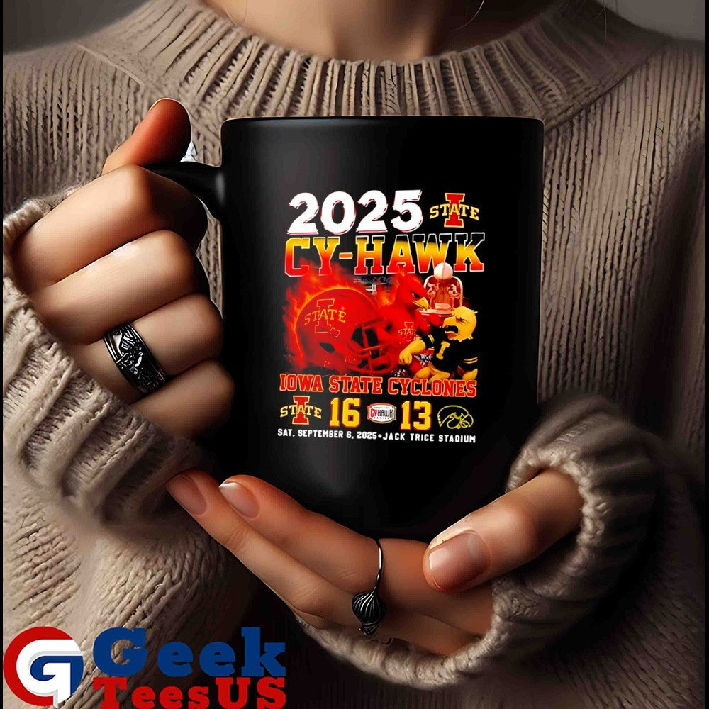 2025 Cy-Hawk Iowa State Cyclones 16 Iowa Hawkeyes 13 mascot helmet shirt