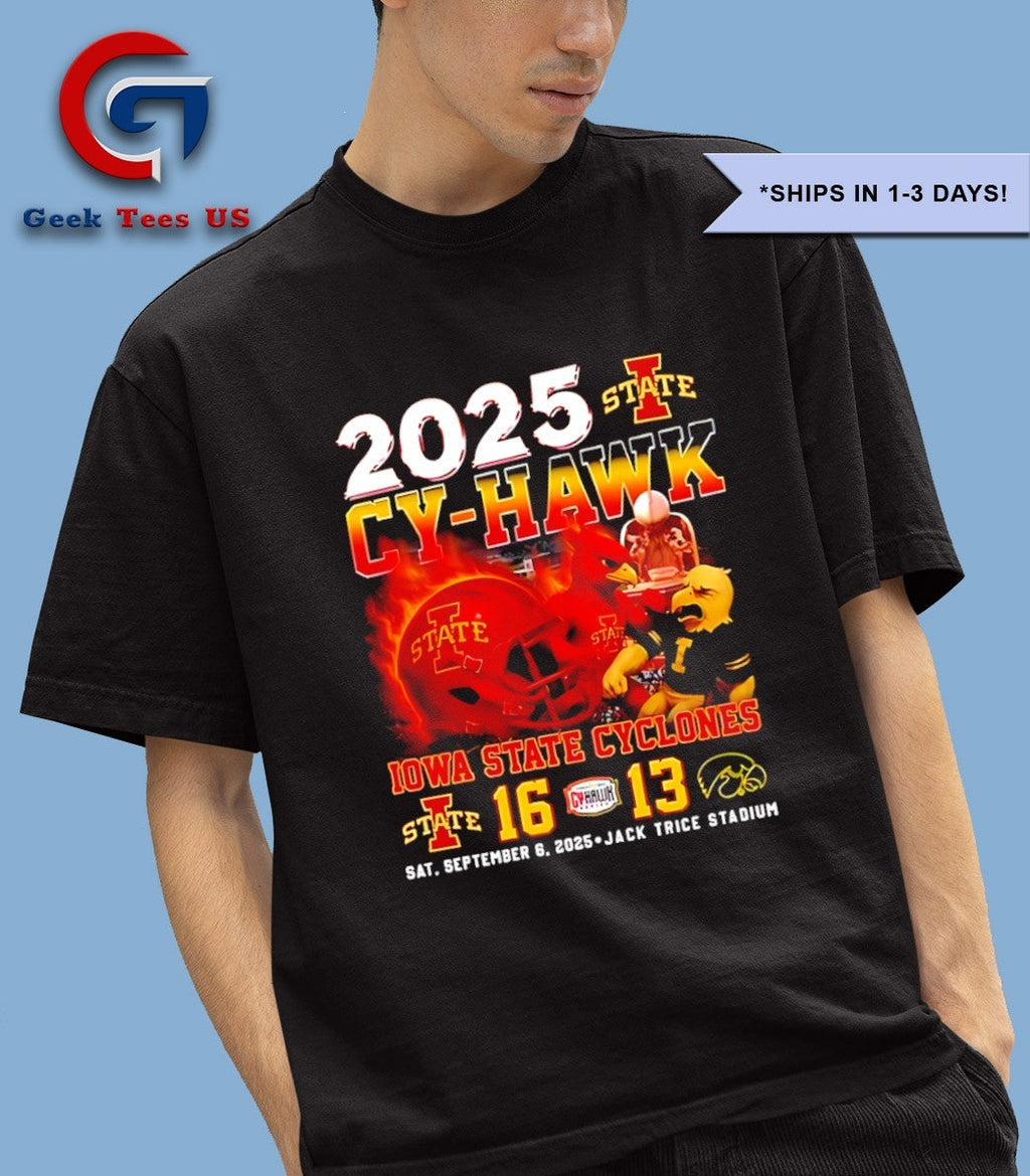 2025 Cy-Hawk Iowa State Cyclones 16 Iowa Hawkeyes 13 mascot helmet shirt