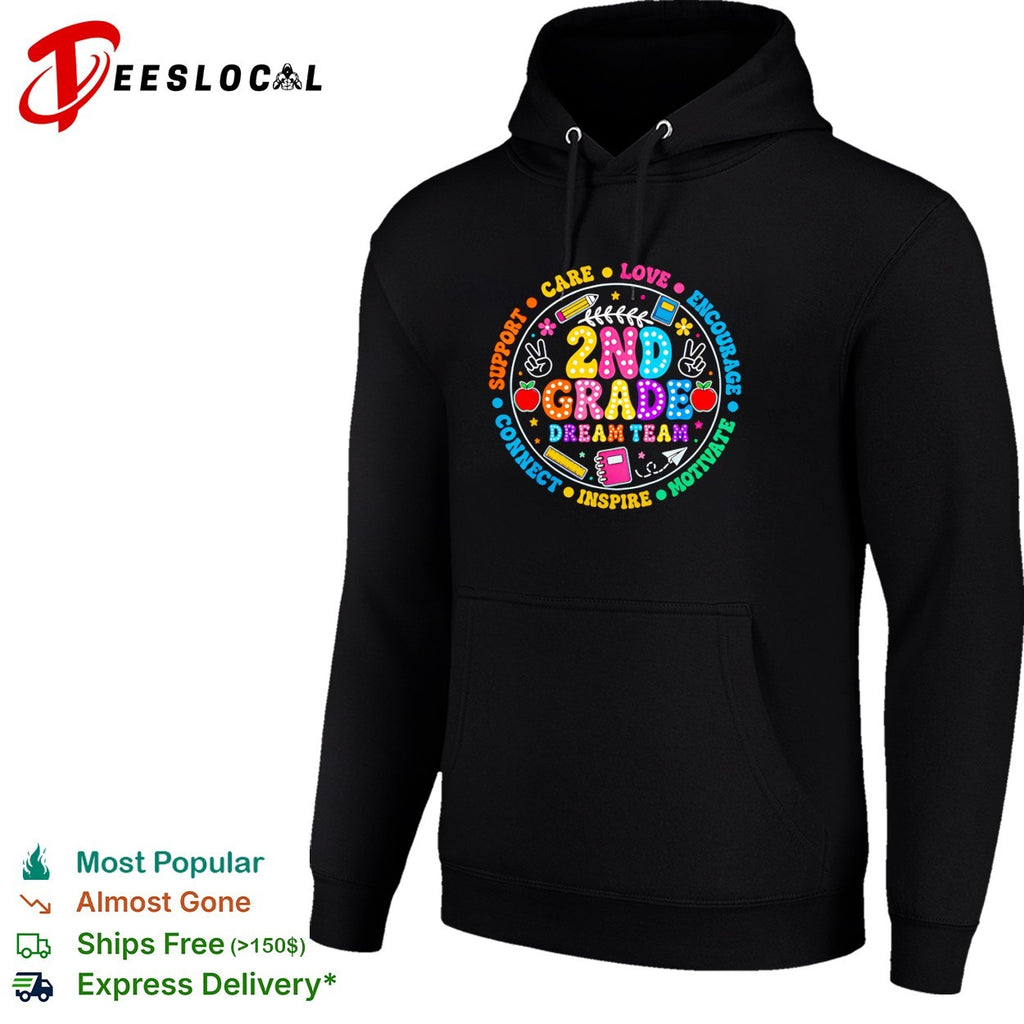 2nd grade dream team circular badge with school supplies icons and words shirt