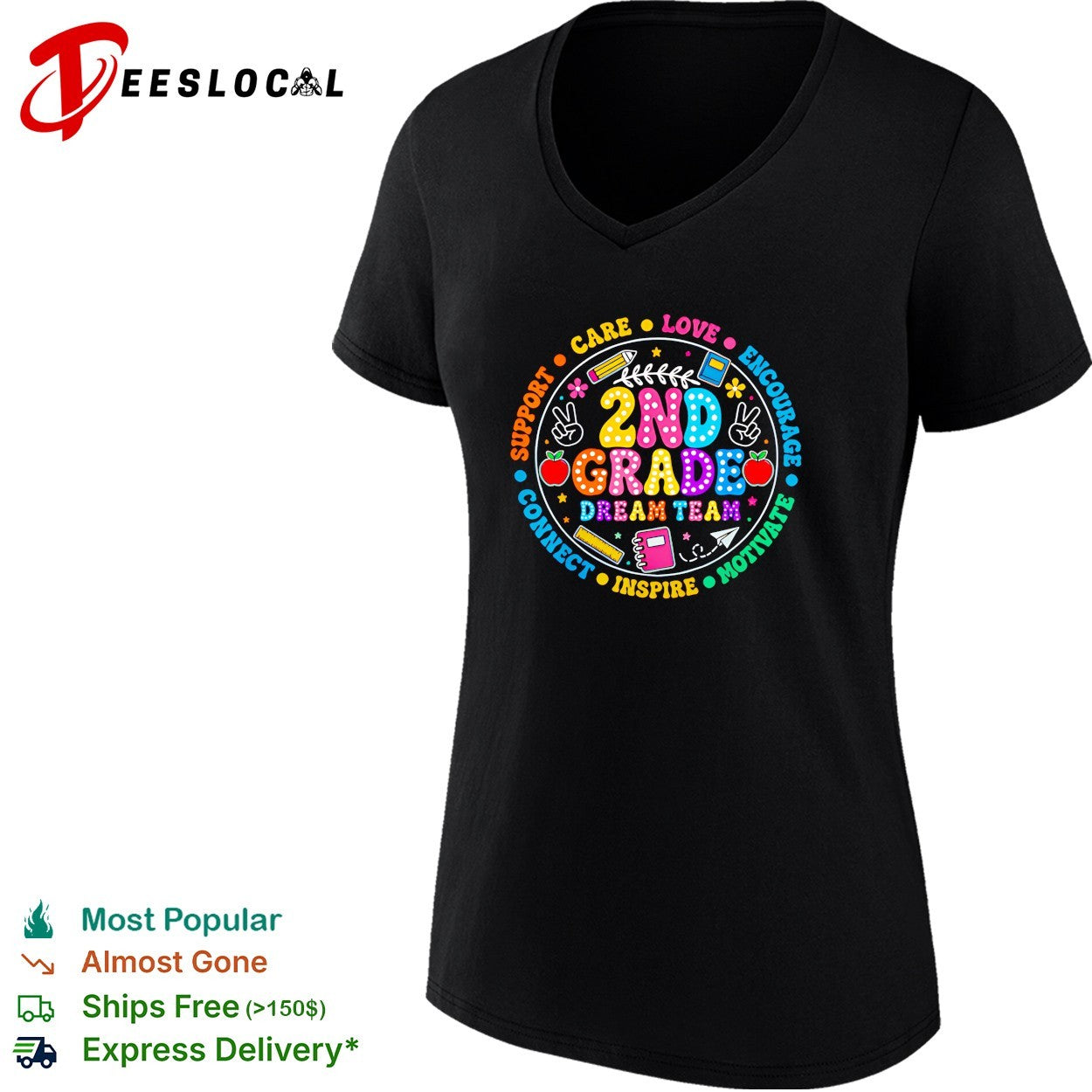 2nd grade dream team circular badge with school supplies icons and words shirt