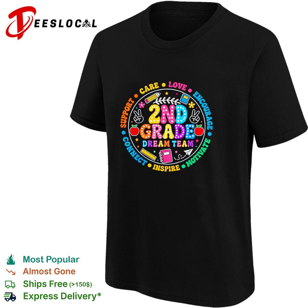 2nd grade dream team circular badge with school supplies icons and words shirt