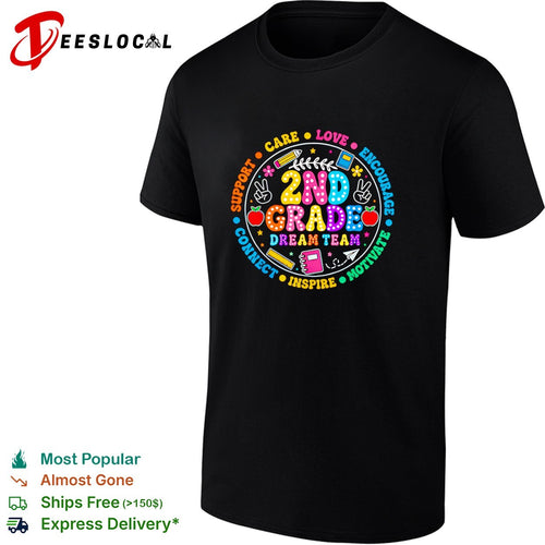 2nd grade dream team circular badge with school supplies icons and words shirt