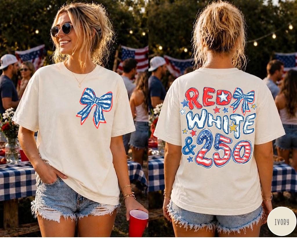 Comfort Colors Red White Blue 250th Anniversary Front Back Side 4th July Preppy Patriotic Tee Flag (4)