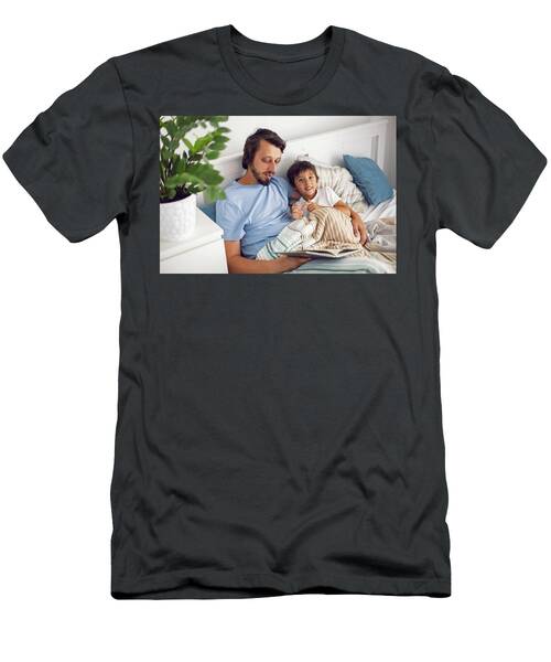 Dad Reads A Book Lying In White Bed To His Son Child Before Going To Bed #3 T-Shirt
