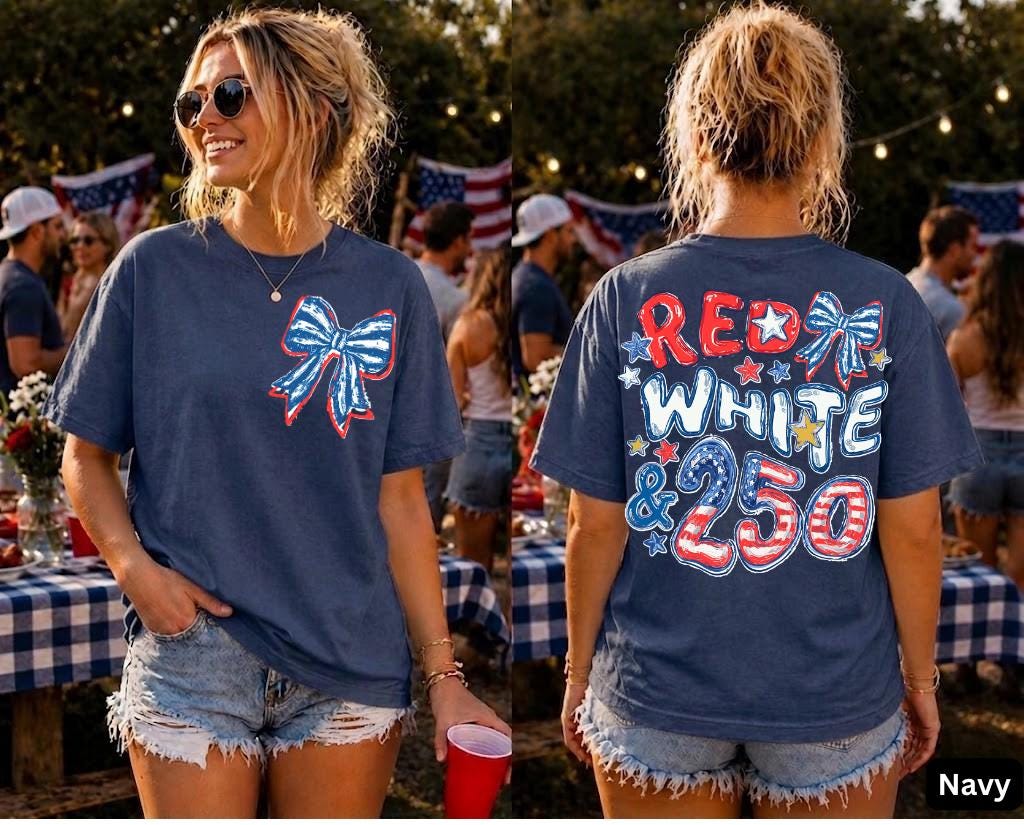 Comfort Colors Red White Blue 250th Anniversary Front Back Side 4th July Preppy Patriotic Tee Flag (5)