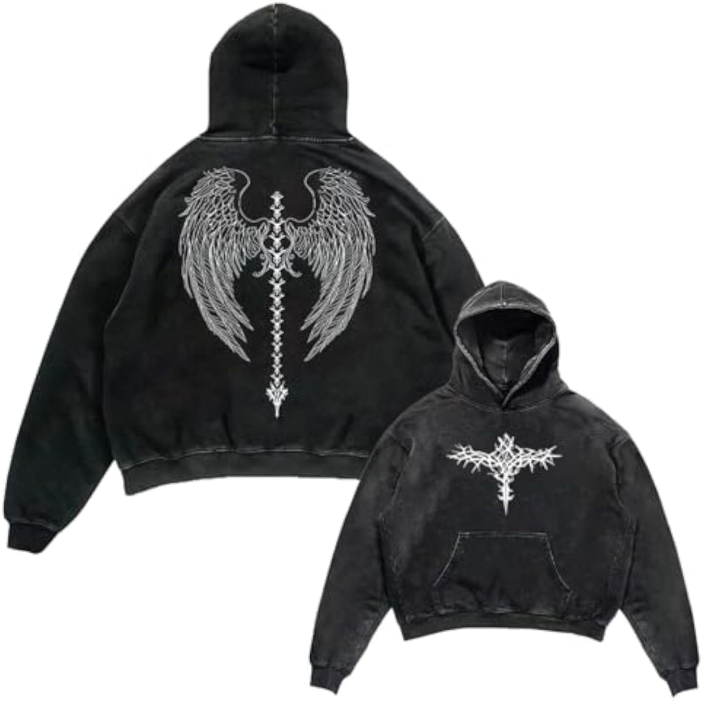 Unisex Y2K Aicd Wash Gothic Graphic Hoodies Oversize Grunge Skull Wing Print Sweatshirt Casual Fit Pullover