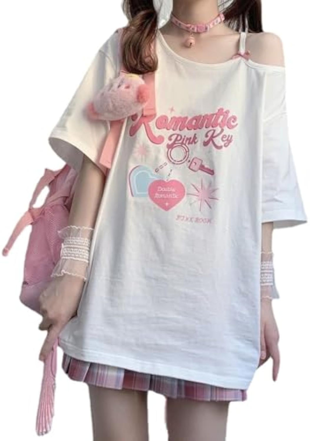 Women Kawaii Off Shoulder T-shirt Harajuku Girl White Tops Y2k Aesthetic Cute Graphic Tees Japanese