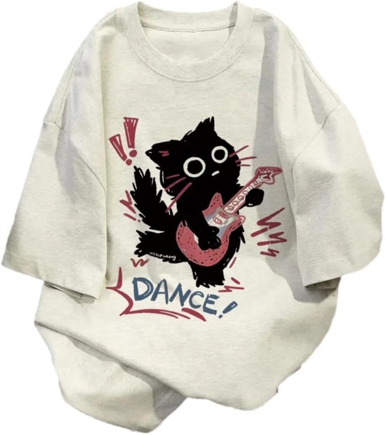 Cute Punk Cat Guitar Printed Short Sleeve T-Shirt Summer Oversized Graphic Tees Harajuku Vintage Aesthetic Baggy Top