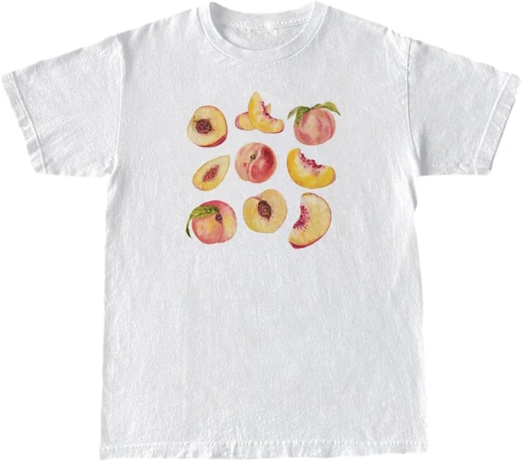 Vintage Peaches Printed Graphic Tees Summer Women Cute Short Sleeve Summer T-Shirt Fruit Shirt Aesthetic Tops