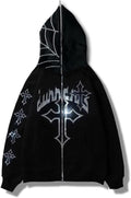 Rhinestone Hoodie Men Women Letter Graphic Gothic Hoodie Print Sweatshirt Full Zip Up Oversized Jacket