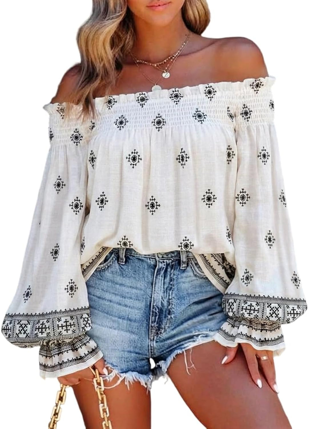 Women’s Boho Off The Shoulder Linen Blouse Long Lantern Sleeve Shirred Smocked Neck Frill Hem Vacation Clothes
