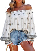 Women’s Boho Off The Shoulder Linen Blouse Long Lantern Sleeve Shirred Smocked Neck Frill Hem Vacation Clothes