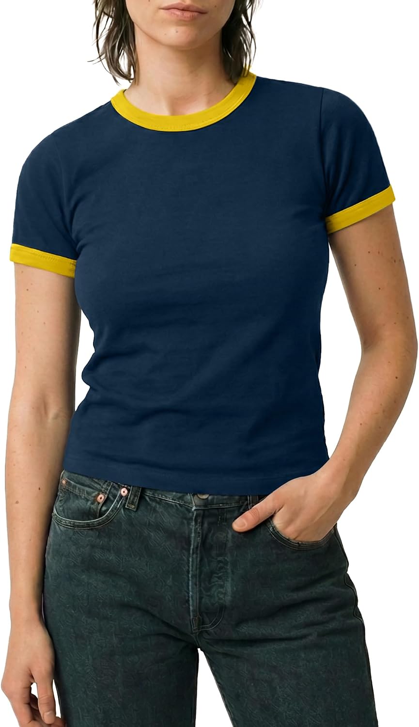 Ringer Tee Women Crewneck Short Sleeve Plain Retro T-Shirt Crop Top