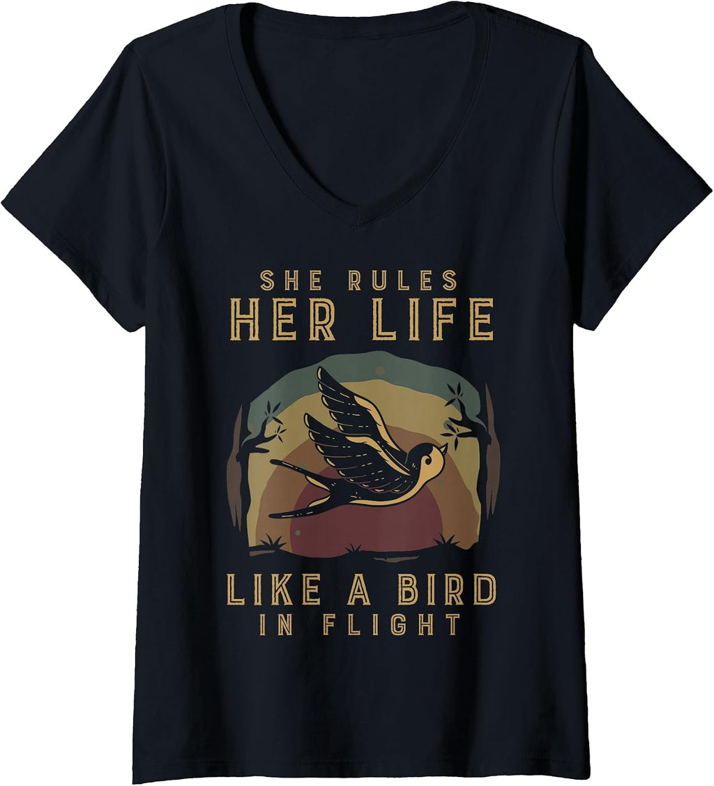 Womens Motivational Quote She Rules Her Life Like A Bird in Flight V-Neck T-Shirt