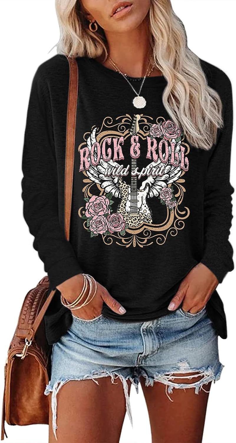 Women Nashville Shirts Country Music Guitar T Shirt Long Sleeve Casual Loose Long Sleeve Tops