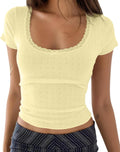 Women Y2K Lace Trim Pointelle Crop Tops Scoop Neck Short Sleeve T Shirts Baby Tee Aesthetic Clothes Going Out