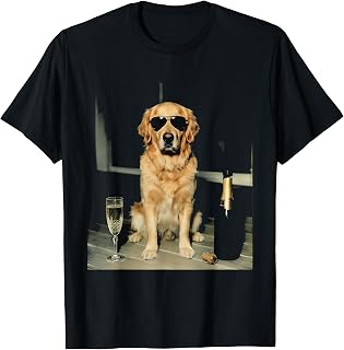 Golden Retriever Drinking Champagne Funny Dog Sunglasses T-Shirt