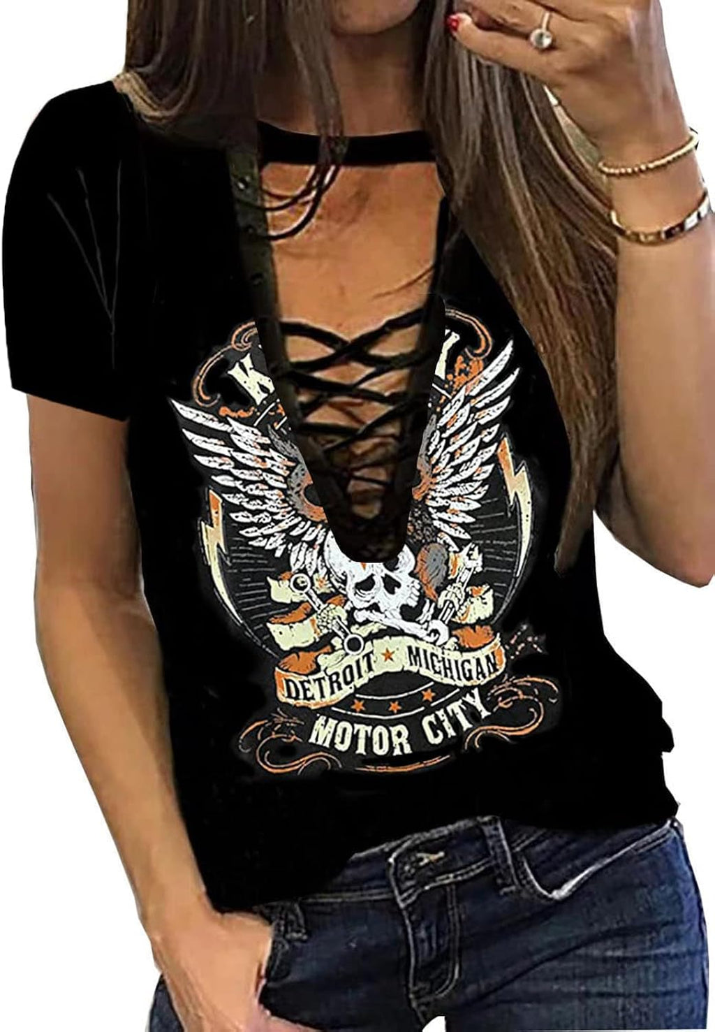 Vintage Rock Skeleton Eagle T Shirts for Women Casual Country Music Tshirts Funny Summer Rock Band Concert Shirt Top