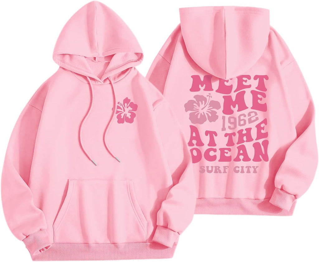 Cute Pink Flower Hoodie for Woman Preppy Sweatshirts Trendy Puff Print Letter Graphic Hoodies Casual Pullover Tops