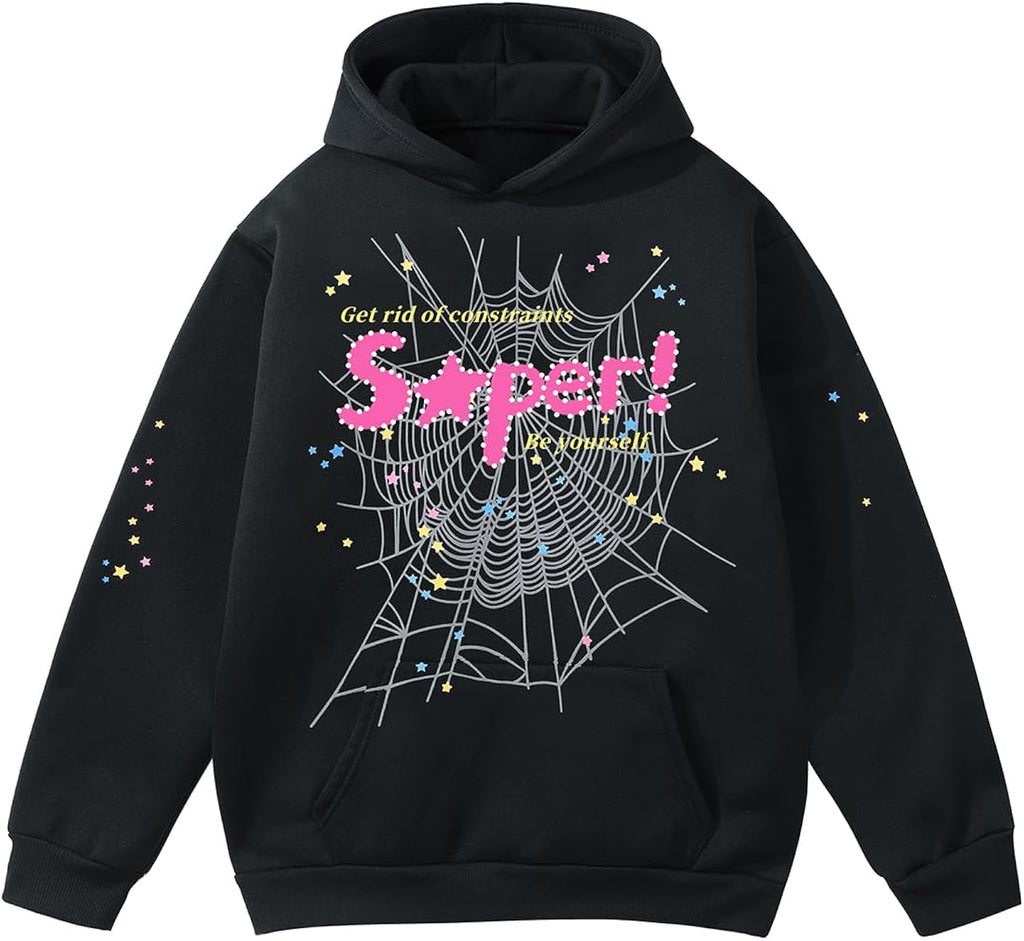 Y2K Spider Hoodie Cobweb Pattern Print Unisex Sweatshirt Men Women Graphic Outwear