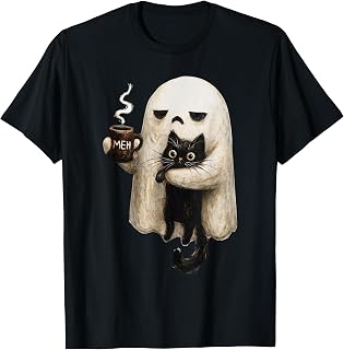 Retro Funny Boojee Ghost Holding Black Cat Cozy Hot Latte T-Shirt