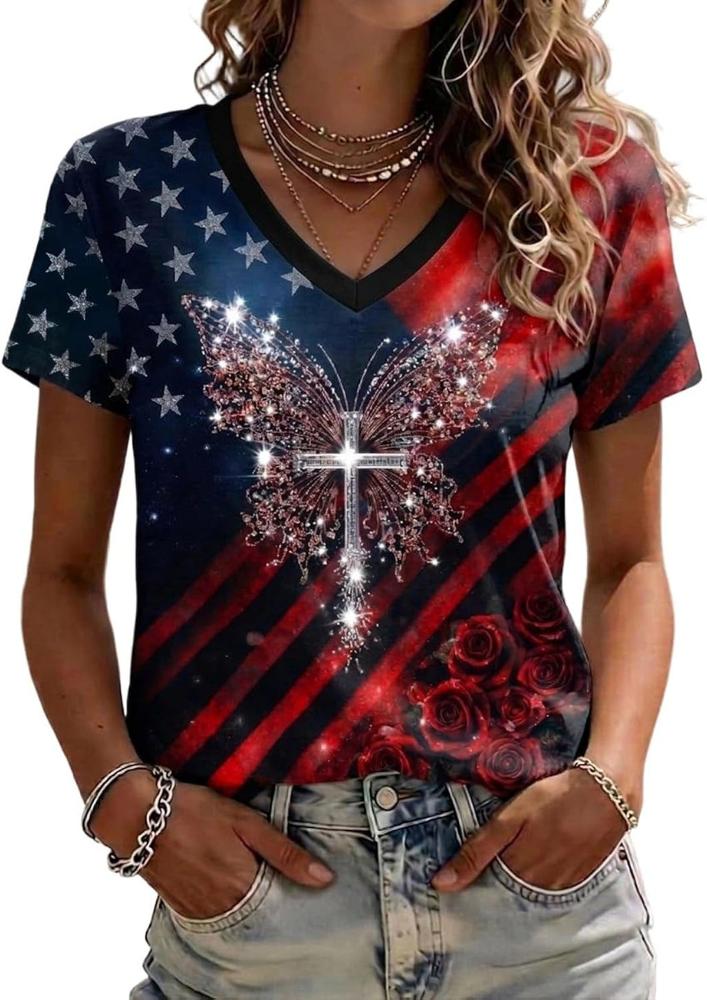 250th Anniversary USA V-Neck T-Shirt Women All Over Print Patriotic Tee 4th of July Casual Shirt Tops