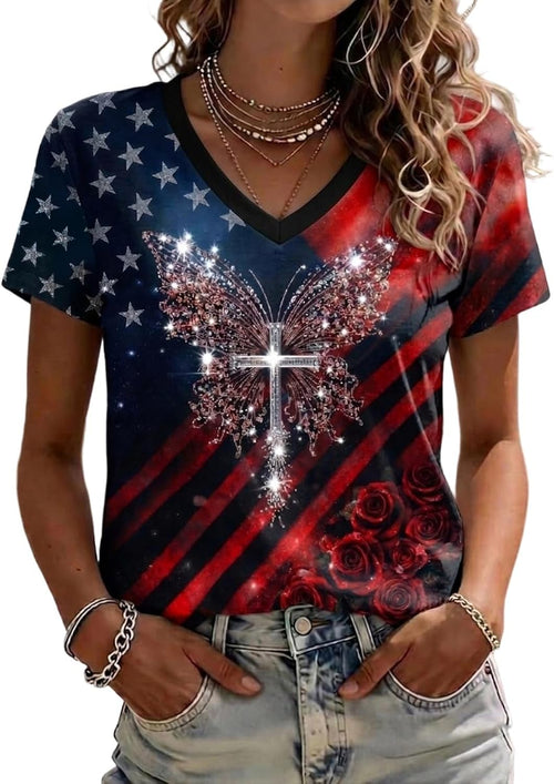 250th Anniversary USA V-Neck T-Shirt Women All Over Print Patriotic Tee 4th of July Casual Shirt Tops