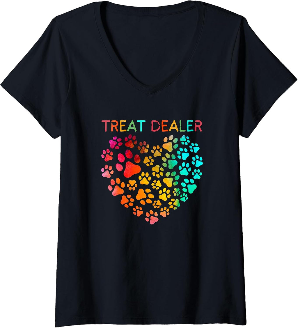 Womens Colorful Dog Paws Heart Funny Treat Dealer Dog Lover V-Neck T-Shirt