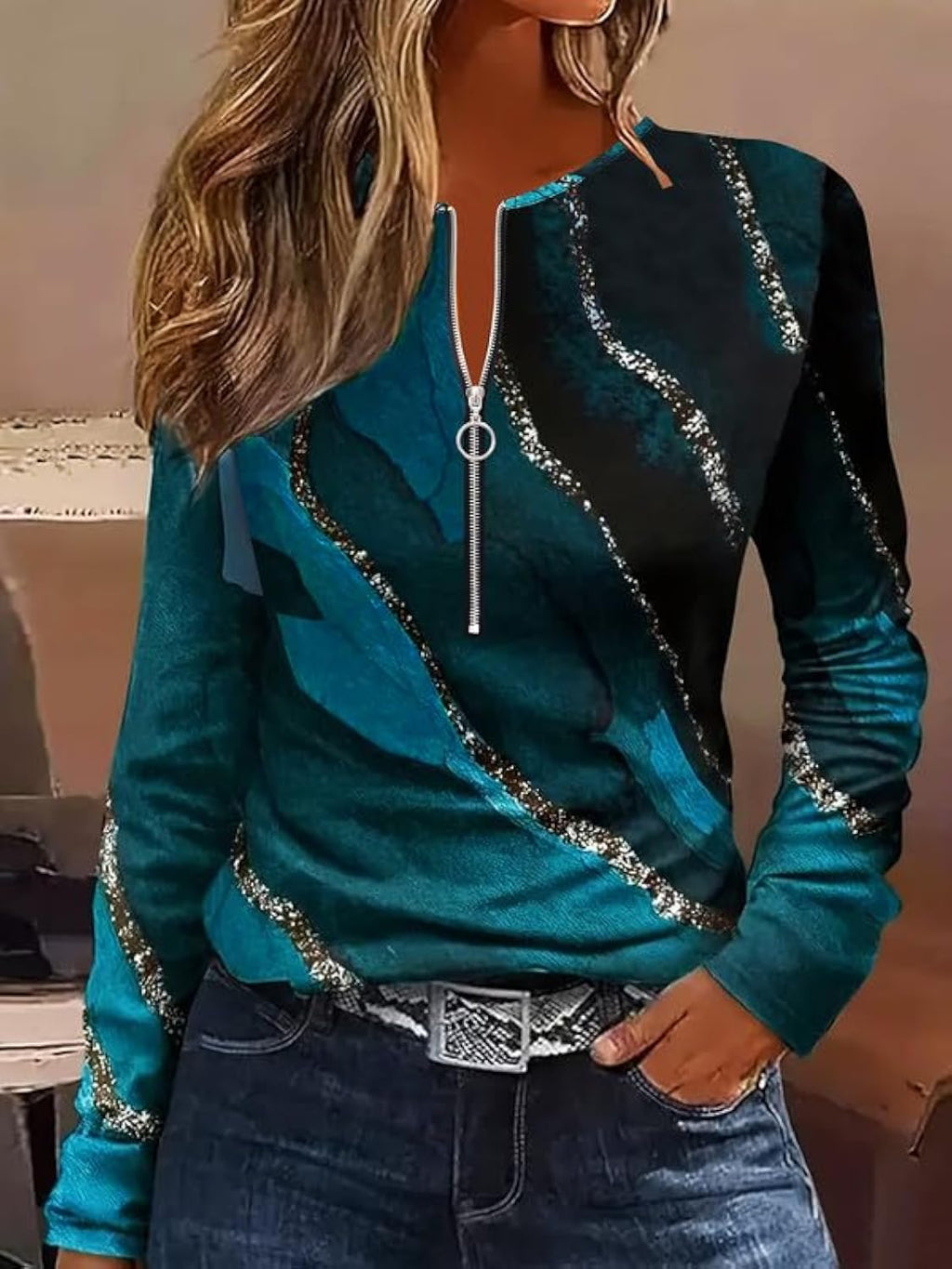 Women's Round Neck with Zipper Long Sleeve T-Shirt Allover Print Casual Elegant Office Tee Tops Blouse
